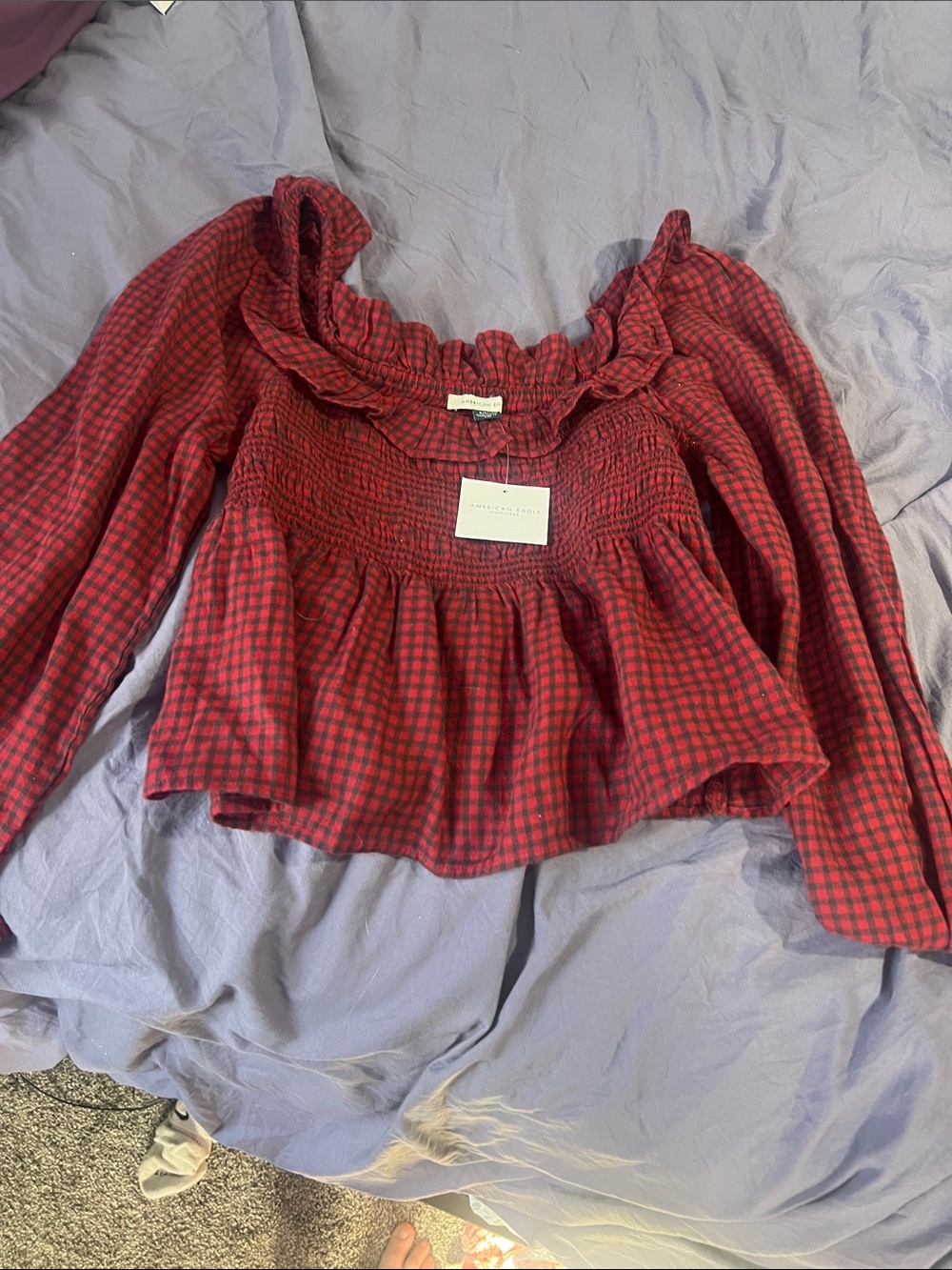 American Eagle Outfitters Red and Black Gingham Smocked Peplum Blouse
